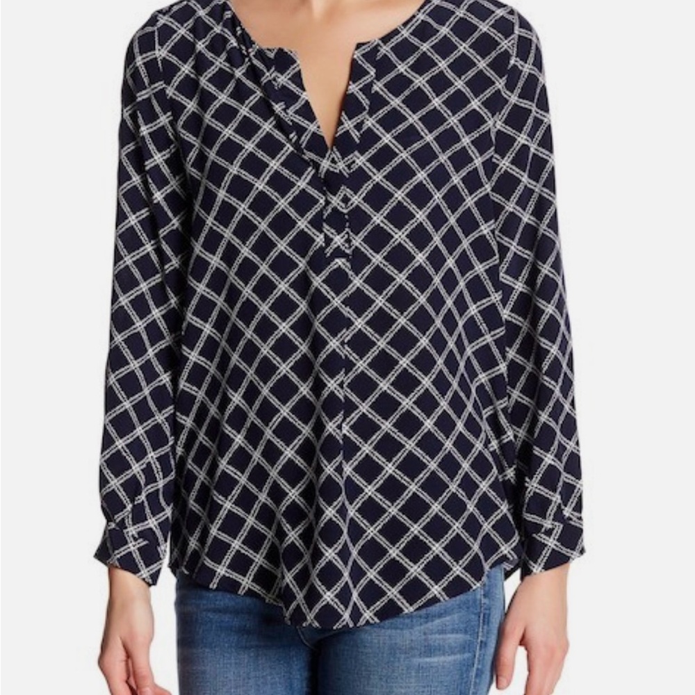 Silk Joie Navy and White Buttoned Blouse with Mandarin Collar